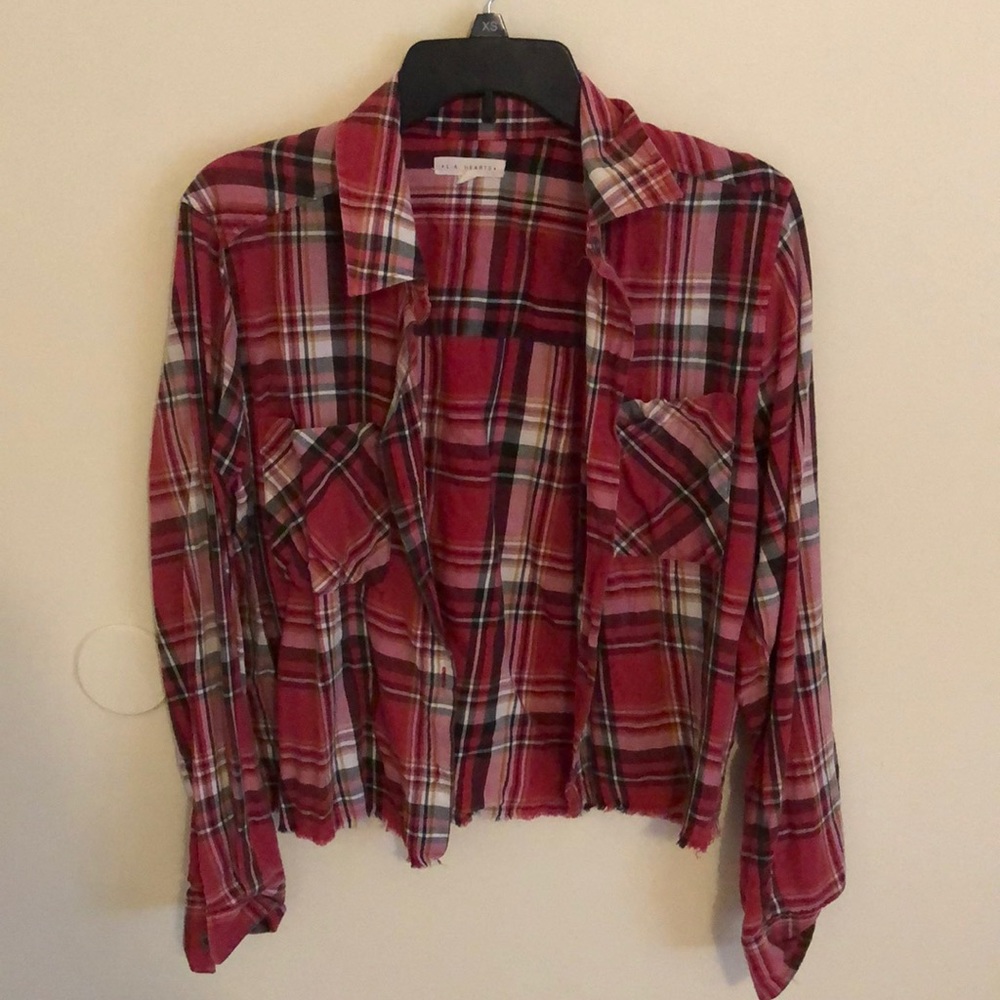 Red Cropped Frayed Plaid Button Up